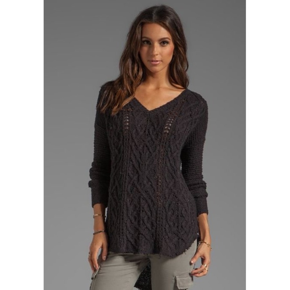 Free People Cable Knit V-Neck Frayed Hem Cotton Sweater XS Grunge Boho Fall